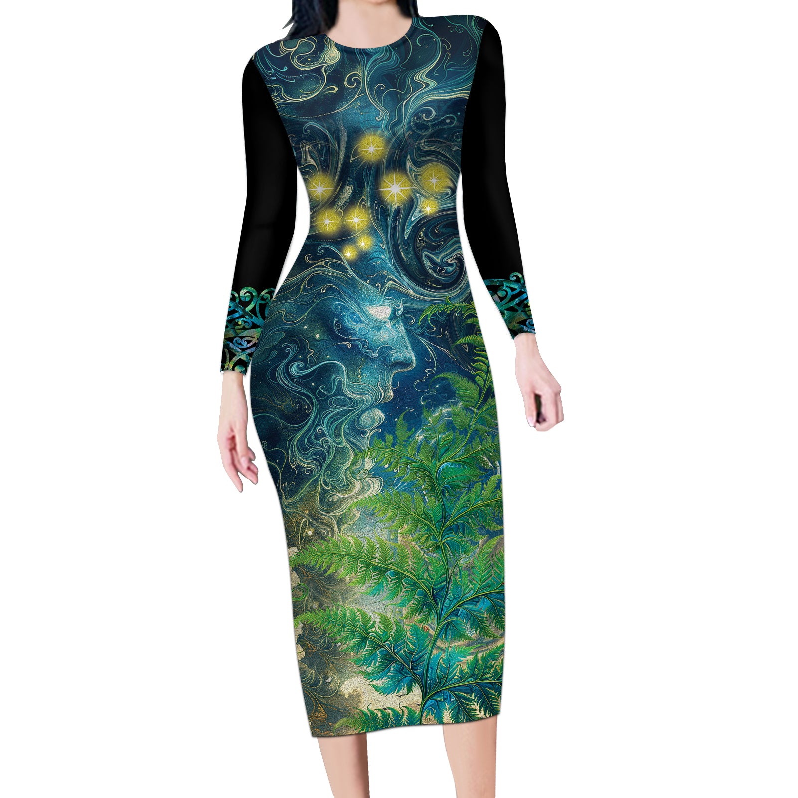 New Zealand Matariki Waipuna-a-rangi Long Sleeve Bodycon Dress He Roimata o Rangi