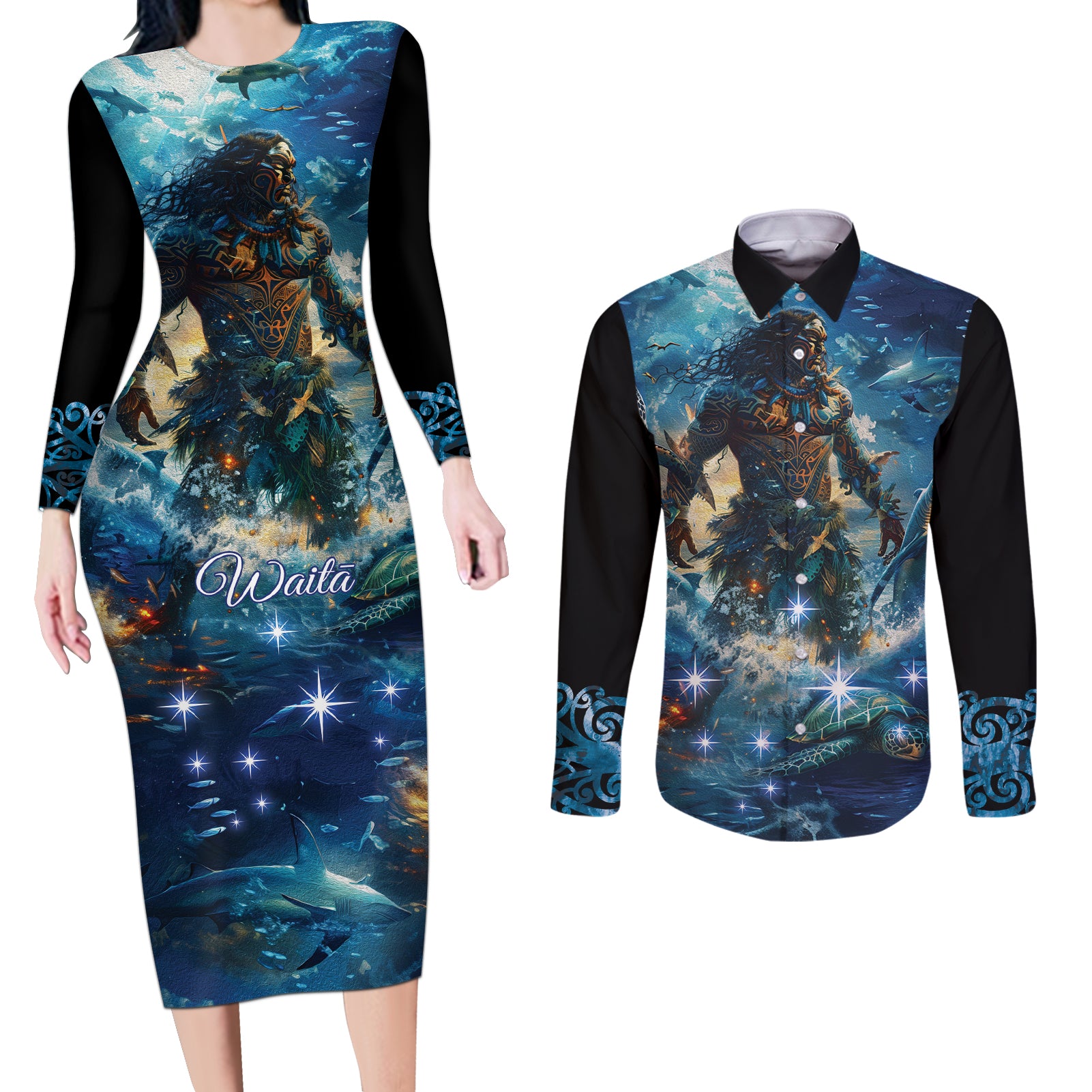 New Zealand Matariki Waita Couples Matching Long Sleeve Bodycon Dress and Long Sleeve Button Shirt The Way Of The Water