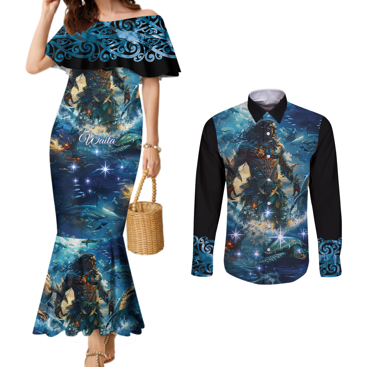 New Zealand Matariki Waita Couples Matching Mermaid Dress and Long Sleeve Button Shirt The Way Of The Water