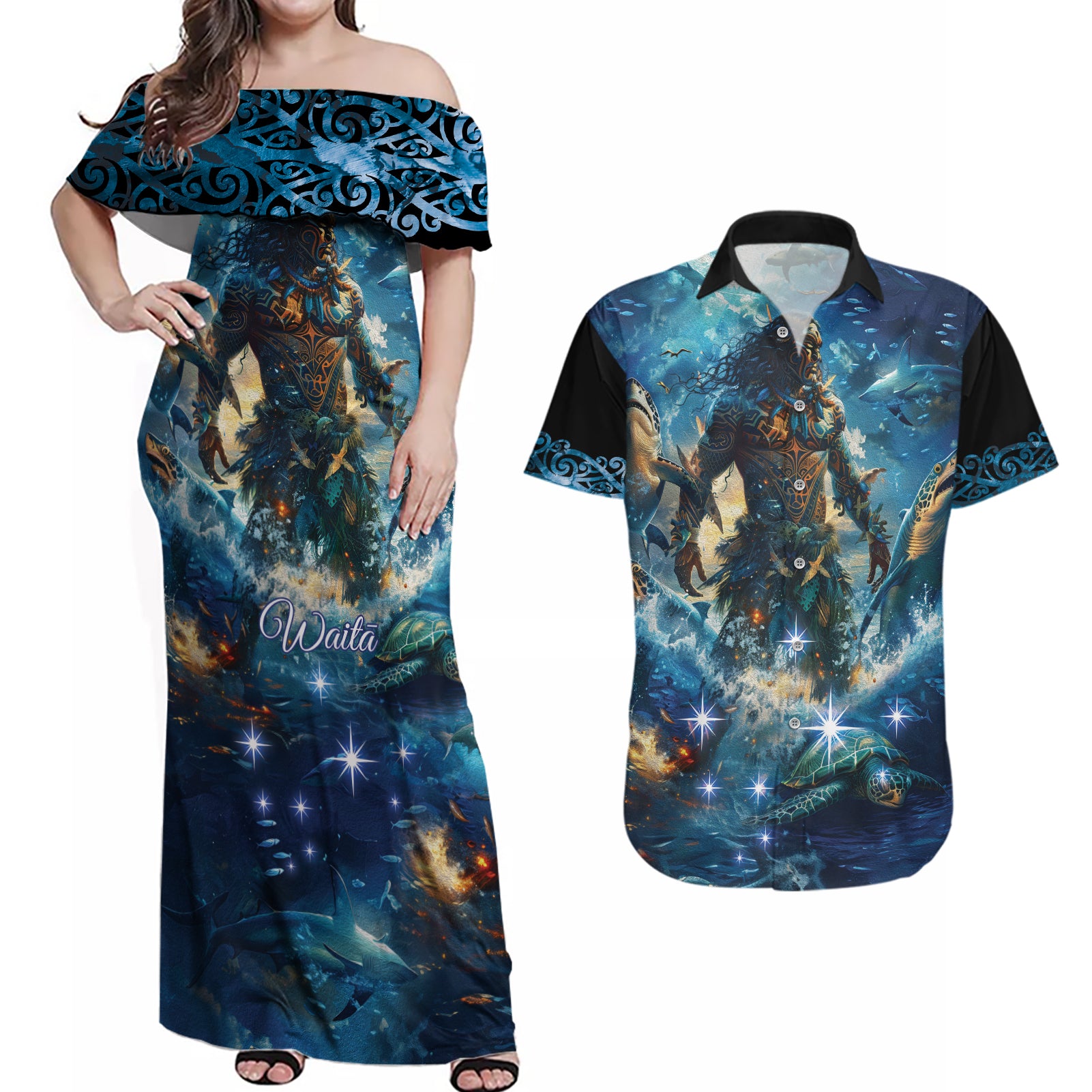 New Zealand Matariki Waita Couples Matching Off Shoulder Maxi Dress and Hawaiian Shirt The Way Of The Water