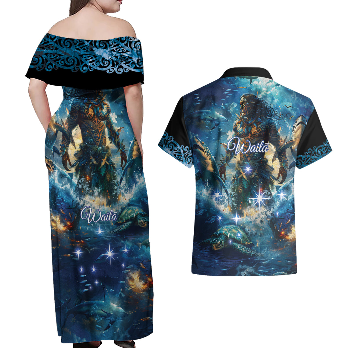 New Zealand Matariki Waita Couples Matching Off Shoulder Maxi Dress and Hawaiian Shirt The Way Of The Water