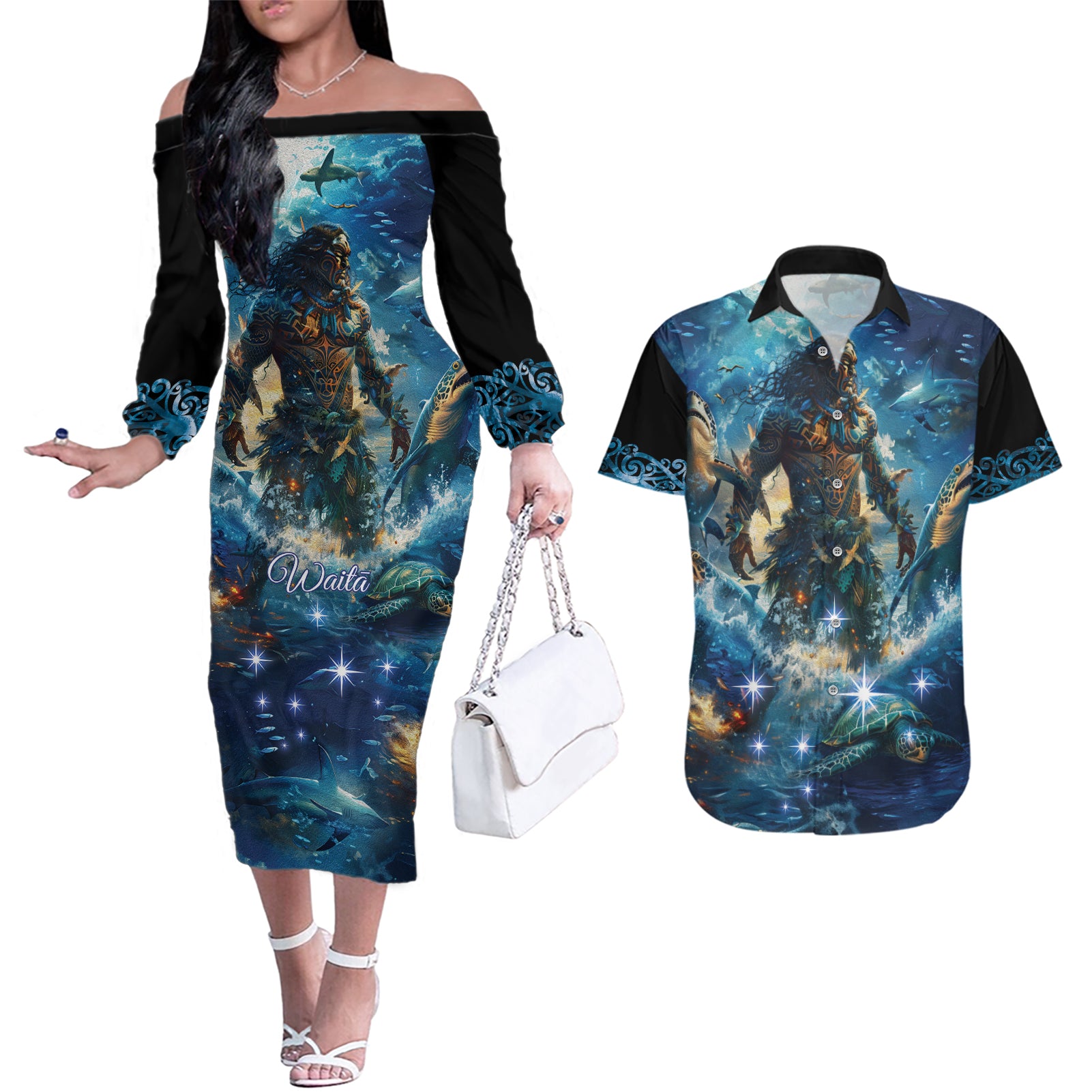 New Zealand Matariki Waita Couples Matching Off The Shoulder Long Sleeve Dress and Hawaiian Shirt The Way Of The Water