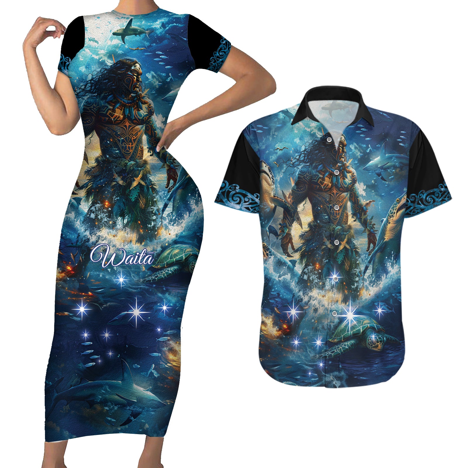 New Zealand Matariki Waita Couples Matching Short Sleeve Bodycon Dress and Hawaiian Shirt The Way Of The Water