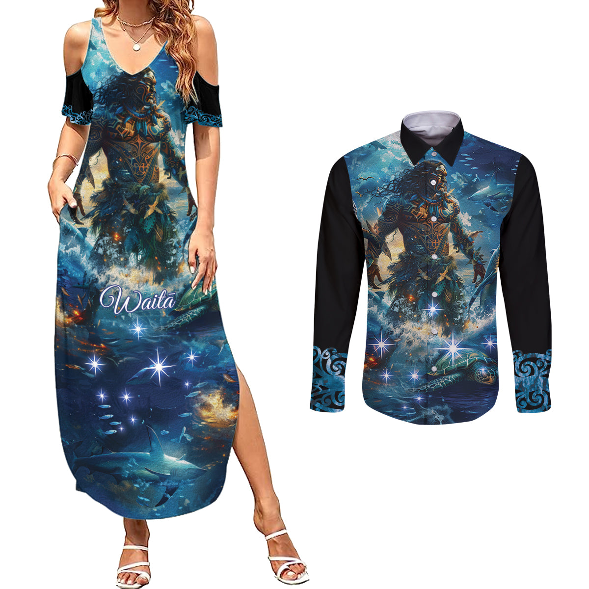 New Zealand Matariki Waita Couples Matching Summer Maxi Dress and Long Sleeve Button Shirt The Way Of The Water