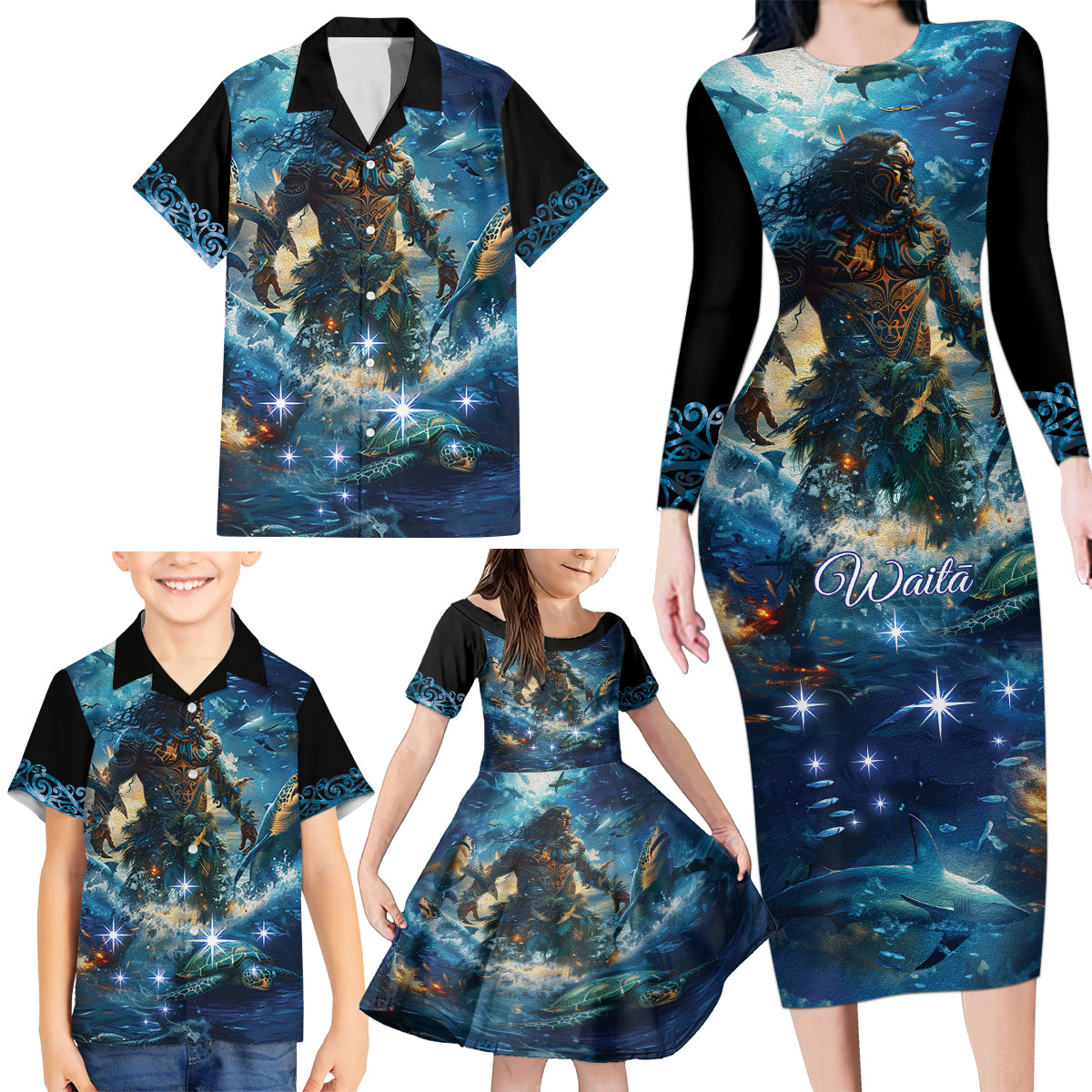 New Zealand Matariki Waita Family Matching Long Sleeve Bodycon Dress and Hawaiian Shirt The Way Of The Water