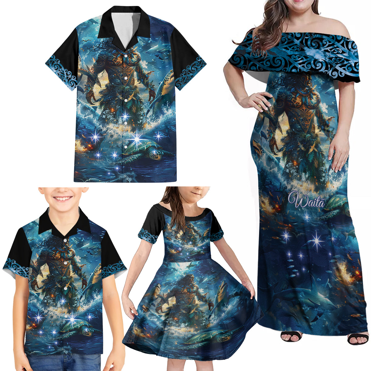 New Zealand Matariki Waita Family Matching Off Shoulder Maxi Dress and Hawaiian Shirt The Way Of The Water