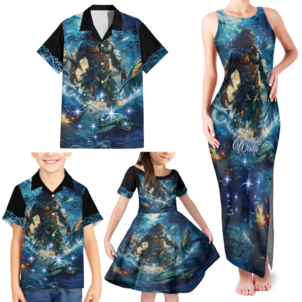 New Zealand Matariki Waita Family Matching Tank Maxi Dress and Hawaiian Shirt The Way Of The Water