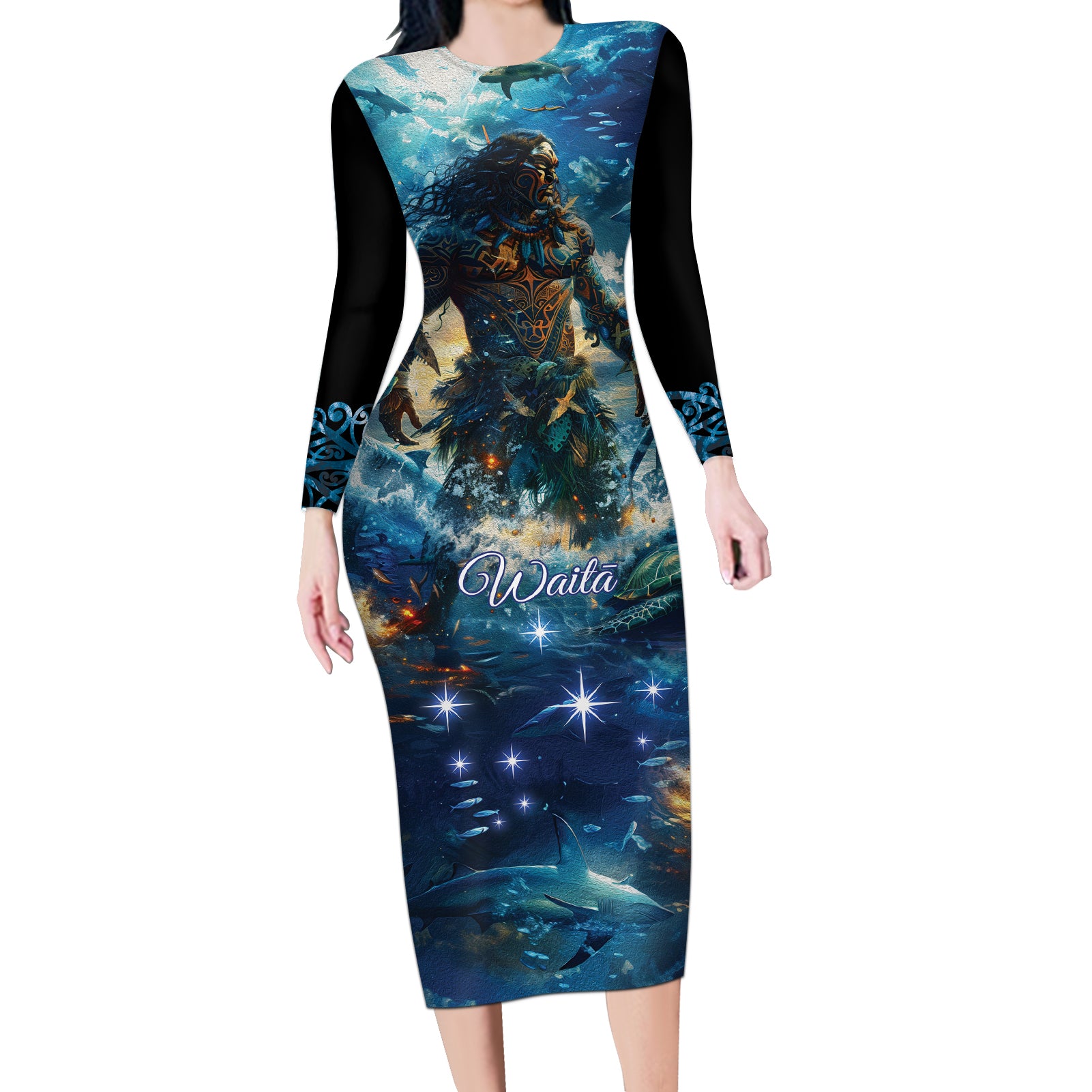 New Zealand Matariki Waita Long Sleeve Bodycon Dress The Way Of The Water