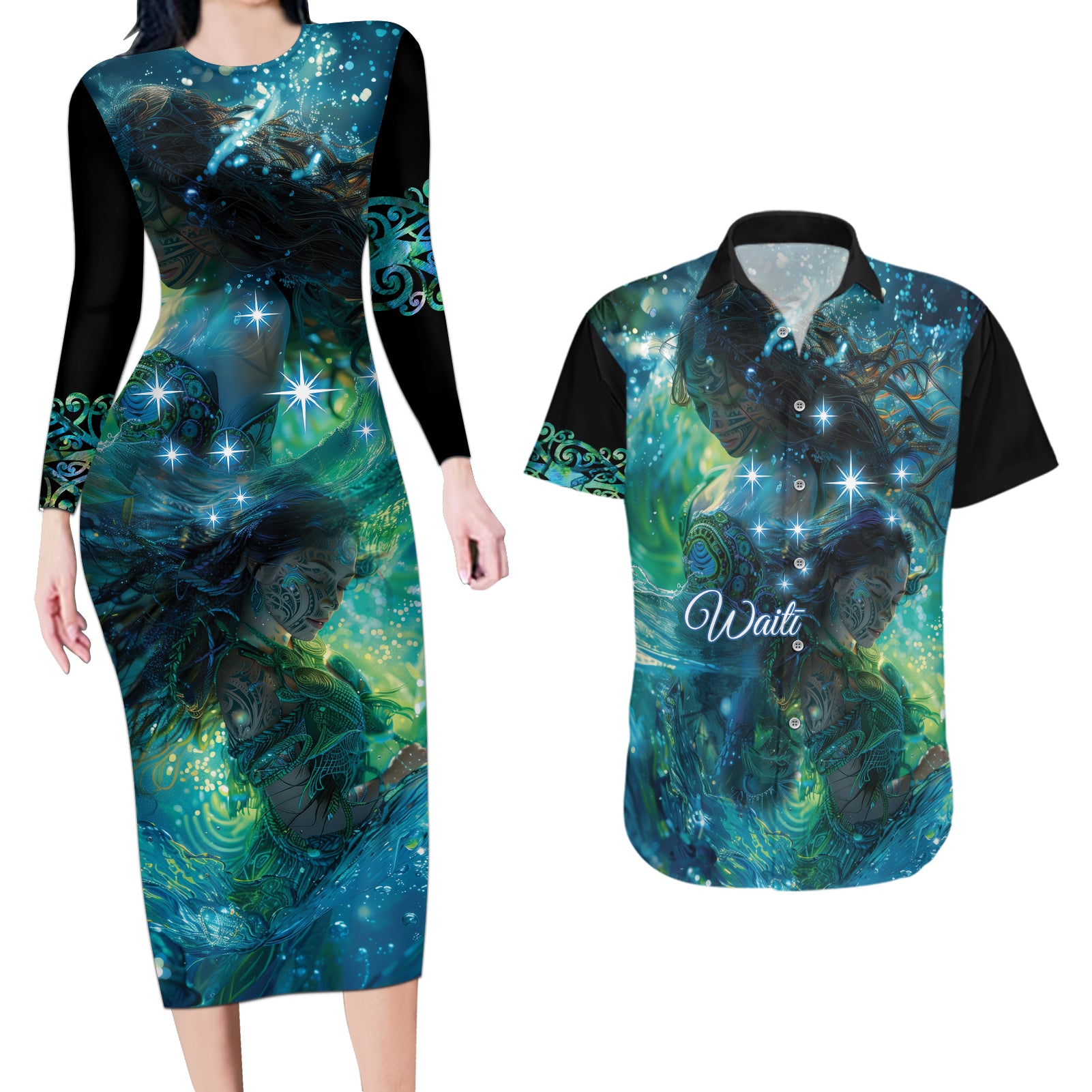 New Zealand Matariki Waiti Couples Matching Long Sleeve Bodycon Dress and Hawaiian Shirt The Beginnings Of Life