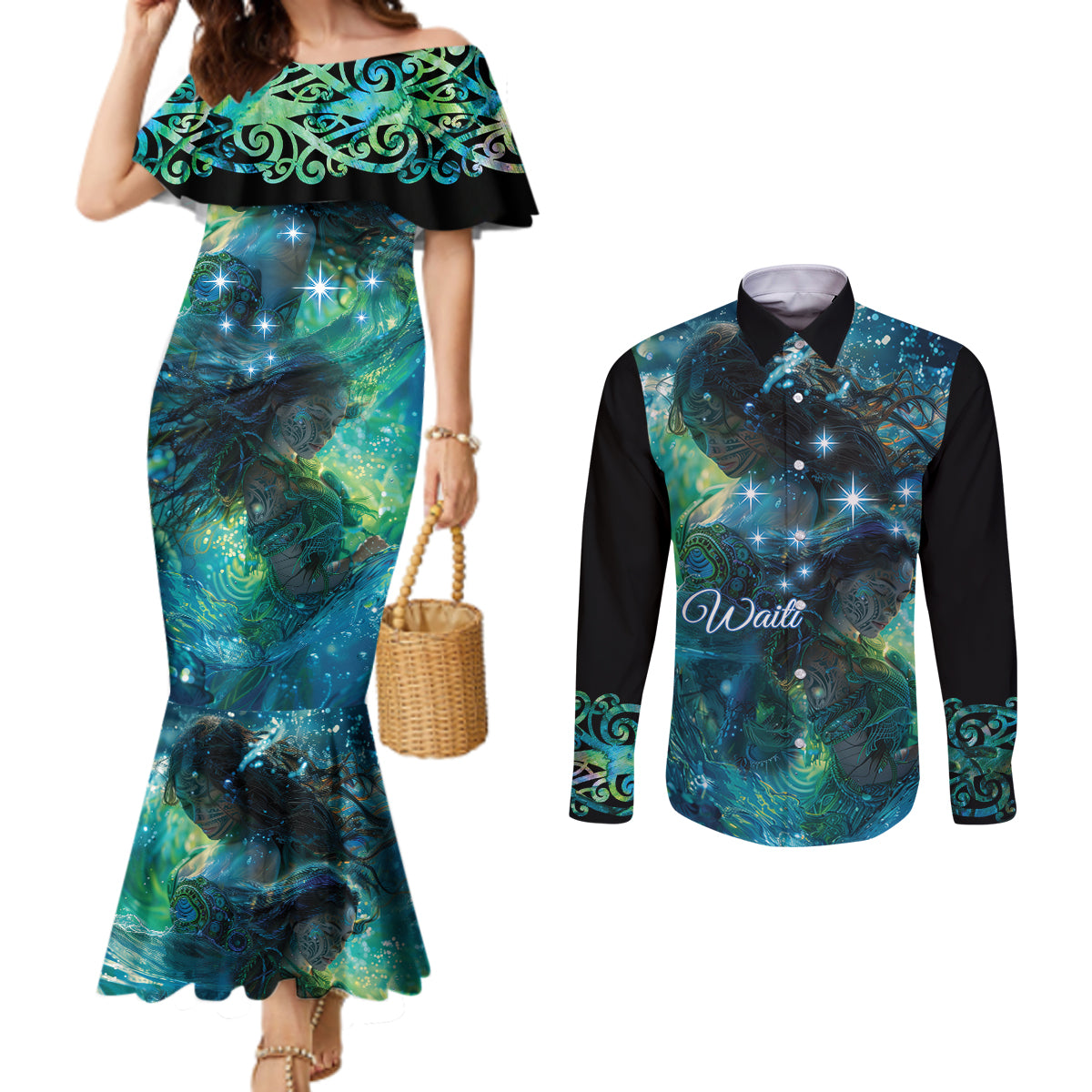 New Zealand Matariki Waiti Couples Matching Mermaid Dress and Long Sleeve Button Shirt The Beginnings Of Life