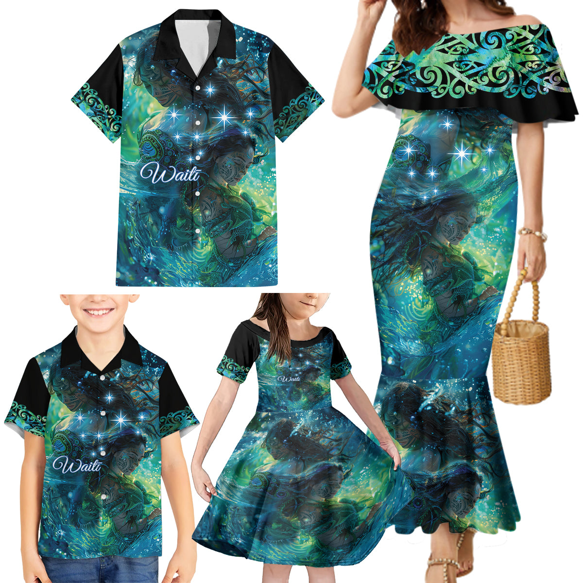 New Zealand Matariki Waiti Family Matching Mermaid Dress and Hawaiian Shirt The Beginnings Of Life