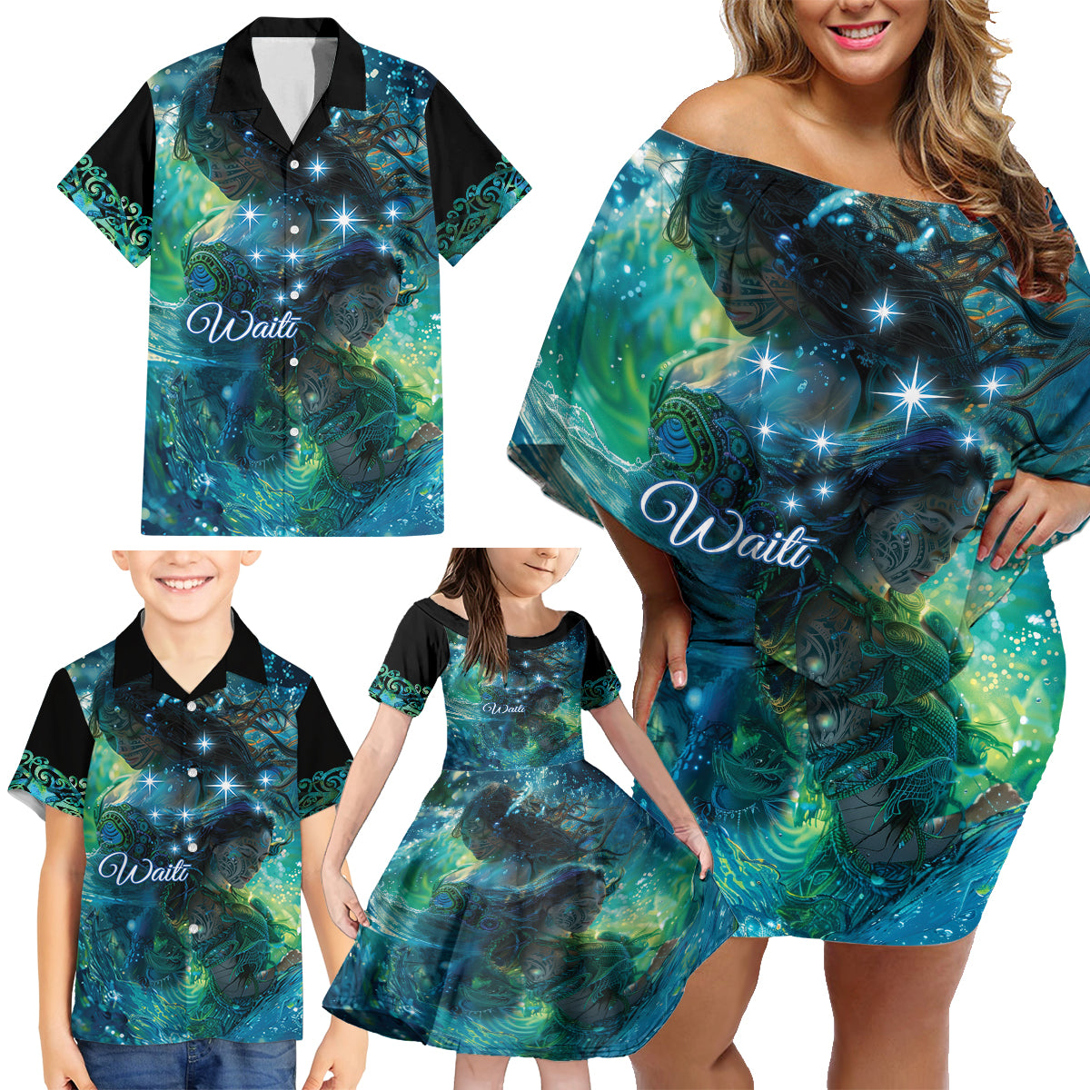 New Zealand Matariki Waiti Family Matching Off Shoulder Short Dress and Hawaiian Shirt The Beginnings Of Life