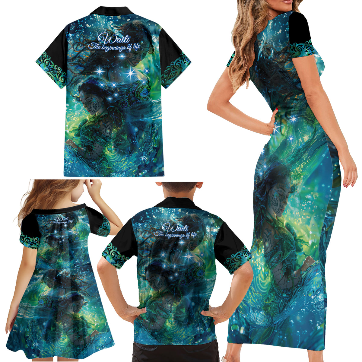 New Zealand Matariki Waiti Family Matching Short Sleeve Bodycon Dress and Hawaiian Shirt The Beginnings Of Life