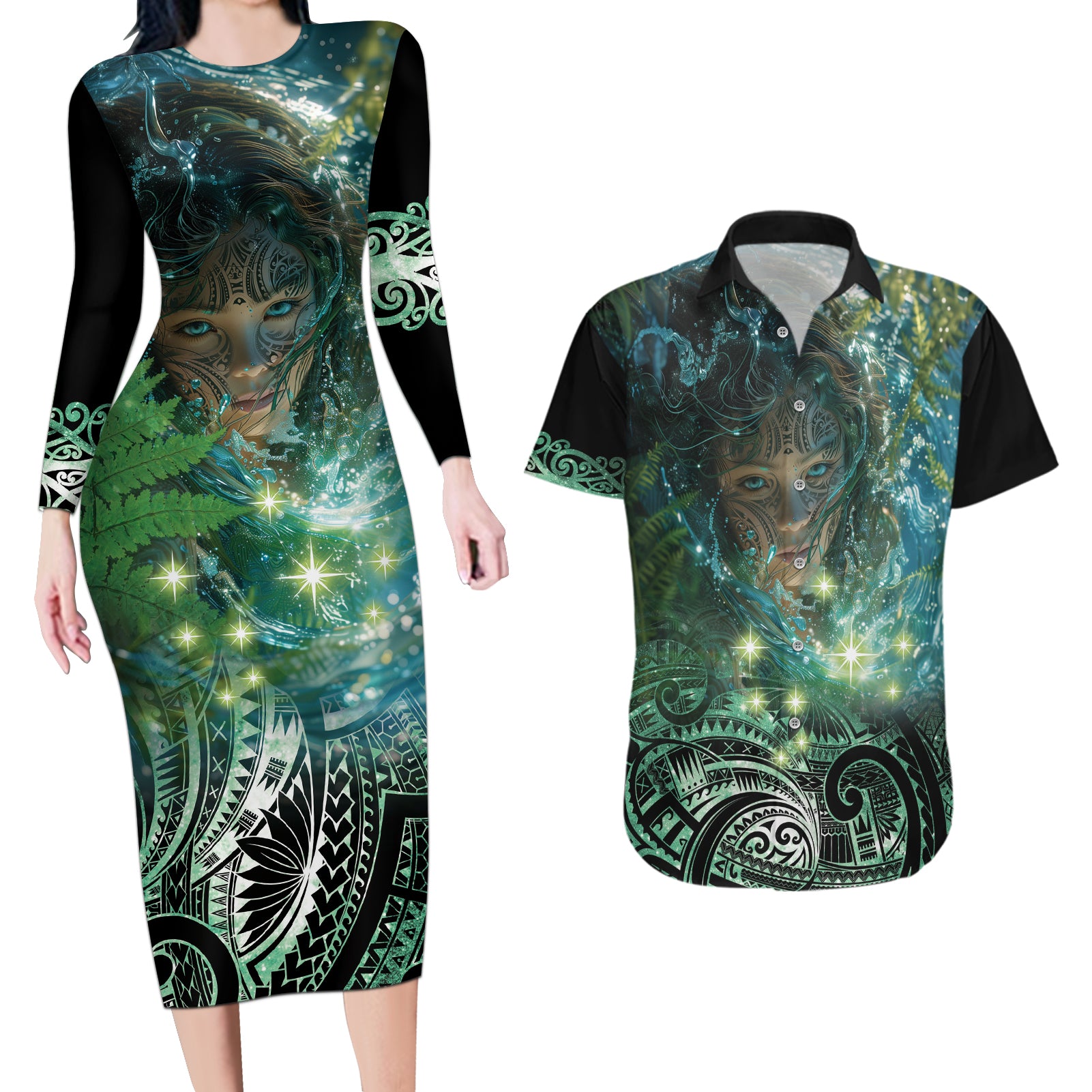 New Zealand Matariki Waiti Couples Matching Long Sleeve Bodycon Dress and Hawaiian Shirt Waimāori and The Origin Of Life