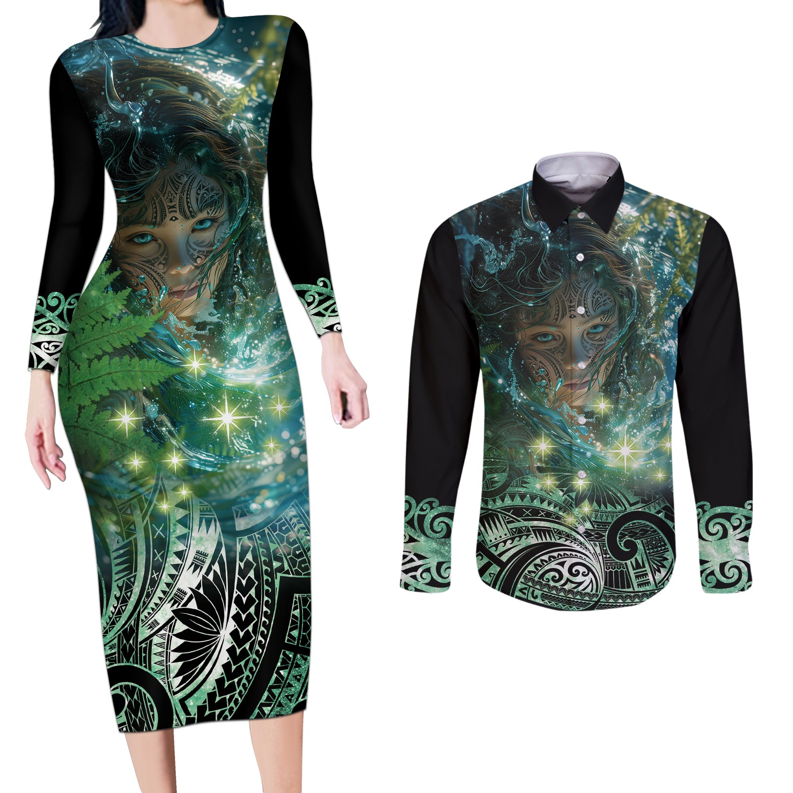 New Zealand Matariki Waiti Couples Matching Long Sleeve Bodycon Dress and Long Sleeve Button Shirt Waimāori and The Origin Of Life