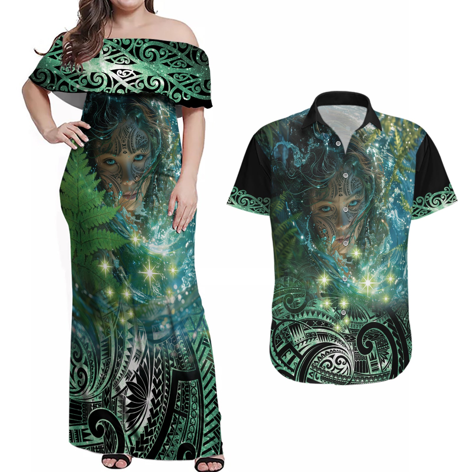 New Zealand Matariki Waiti Couples Matching Off Shoulder Maxi Dress and Hawaiian Shirt Waimāori and The Origin Of Life