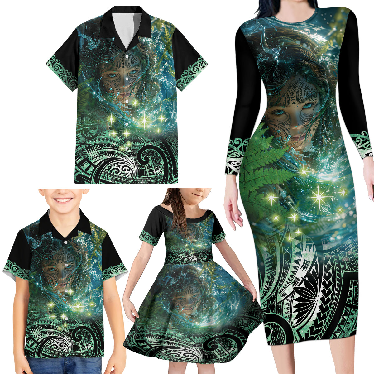 New Zealand Matariki Waiti Family Matching Long Sleeve Bodycon Dress and Hawaiian Shirt Waimāori and The Origin Of Life