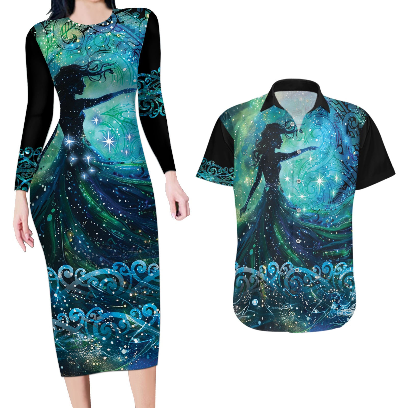 New Zealand Matariki Hiwa-i-te-rangi Couples Matching Long Sleeve Bodycon Dress and Hawaiian Shirt Titiro ki nga Whetu Wishing Star