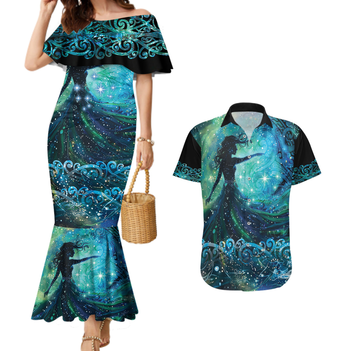 New Zealand Matariki Hiwa-i-te-rangi Couples Matching Mermaid Dress and Hawaiian Shirt Titiro ki nga Whetu Wishing Star