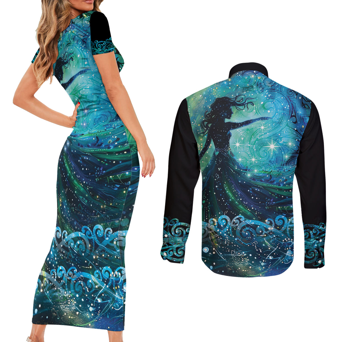 New Zealand Matariki Hiwa-i-te-rangi Couples Matching Short Sleeve Bodycon Dress and Long Sleeve Button Shirt Titiro ki nga Whetu Wishing Star