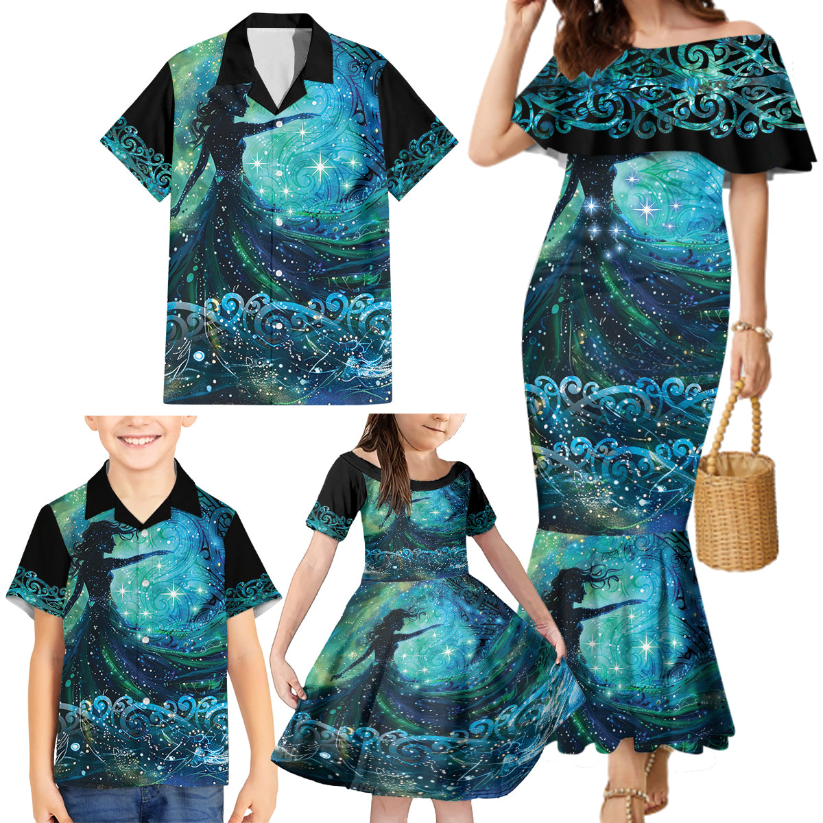 New Zealand Matariki Hiwa-i-te-rangi Family Matching Mermaid Dress and Hawaiian Shirt Titiro ki nga Whetu Wishing Star