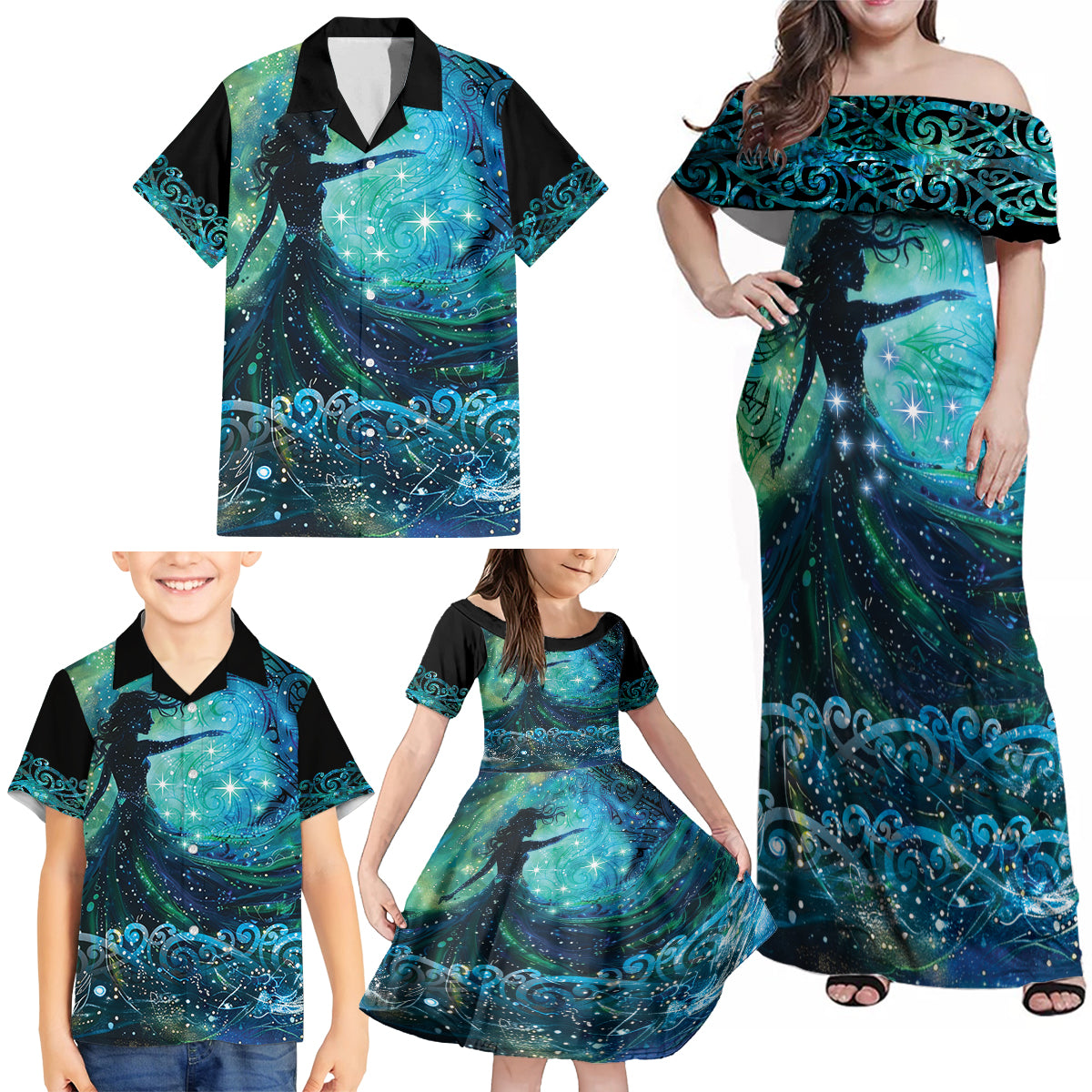 New Zealand Matariki Hiwa-i-te-rangi Family Matching Off Shoulder Maxi Dress and Hawaiian Shirt Titiro ki nga Whetu Wishing Star