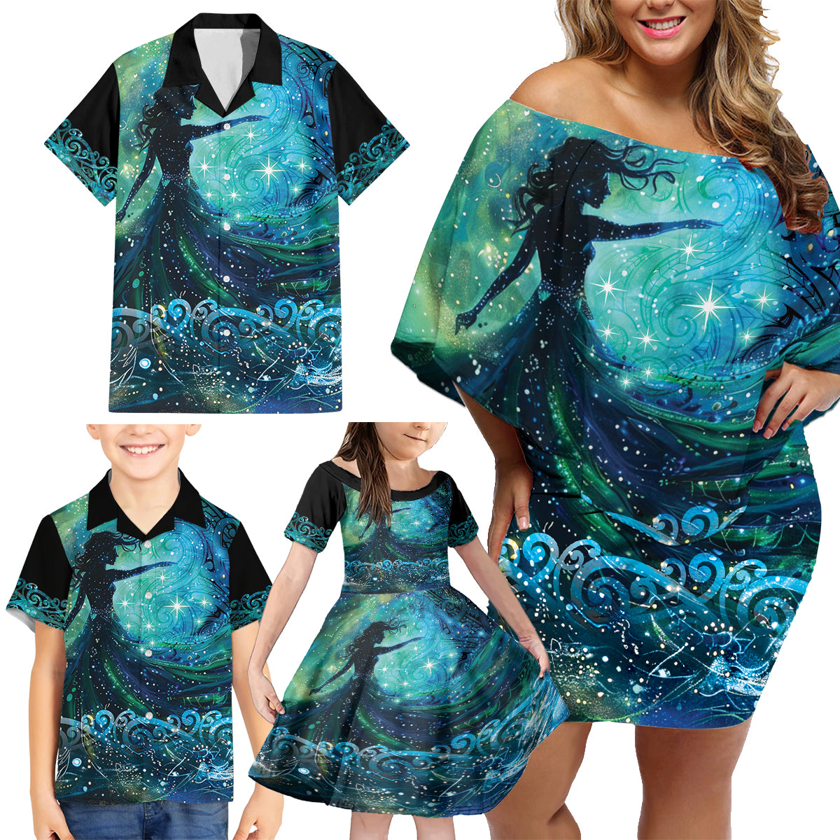 New Zealand Matariki Hiwa-i-te-rangi Family Matching Off Shoulder Short Dress and Hawaiian Shirt Titiro ki nga Whetu Wishing Star