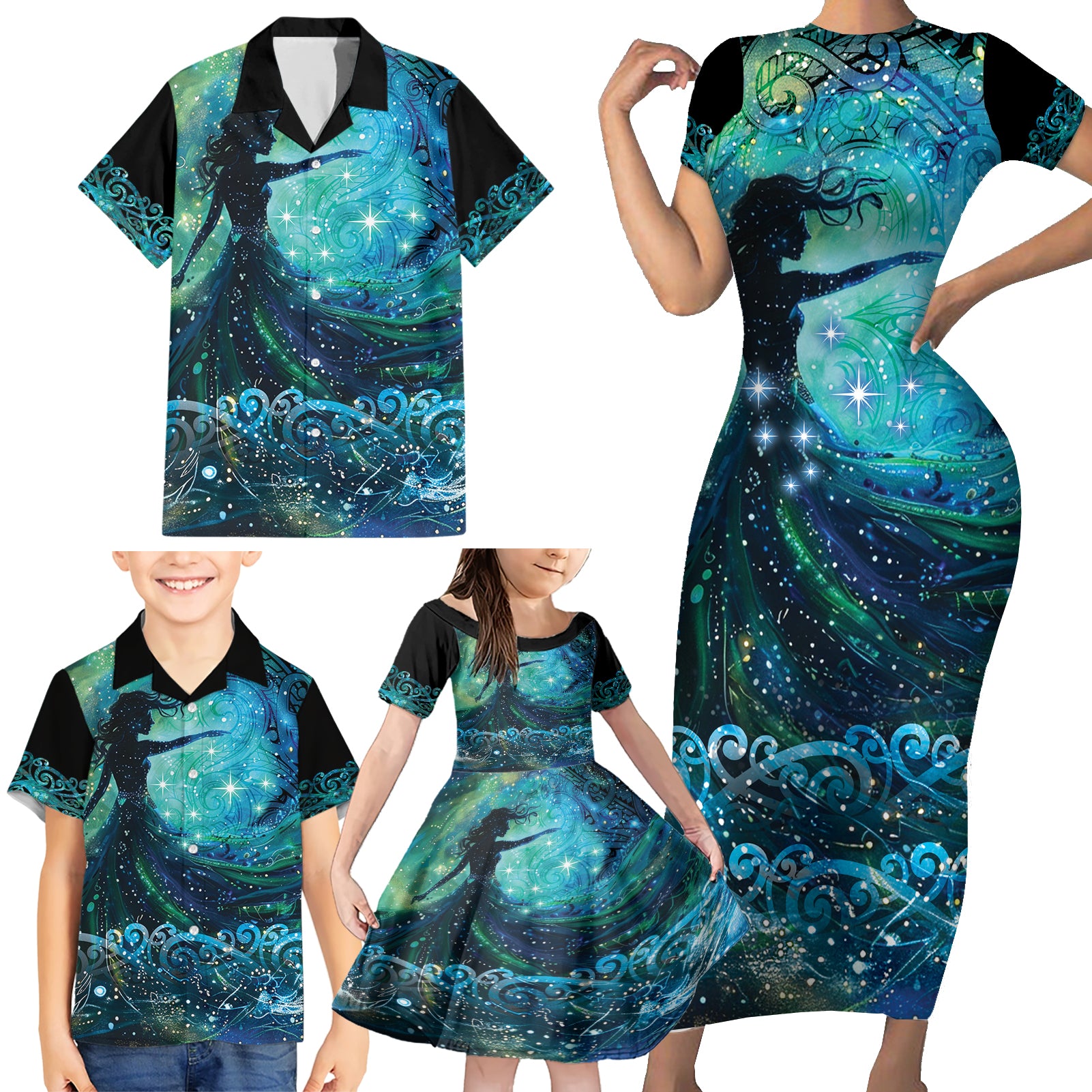 New Zealand Matariki Hiwa-i-te-rangi Family Matching Short Sleeve Bodycon Dress and Hawaiian Shirt Titiro ki nga Whetu Wishing Star