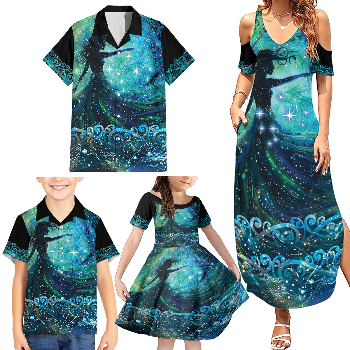 New Zealand Matariki Hiwa-i-te-rangi Family Matching Summer Maxi Dress and Hawaiian Shirt Titiro ki nga Whetu Wishing Star