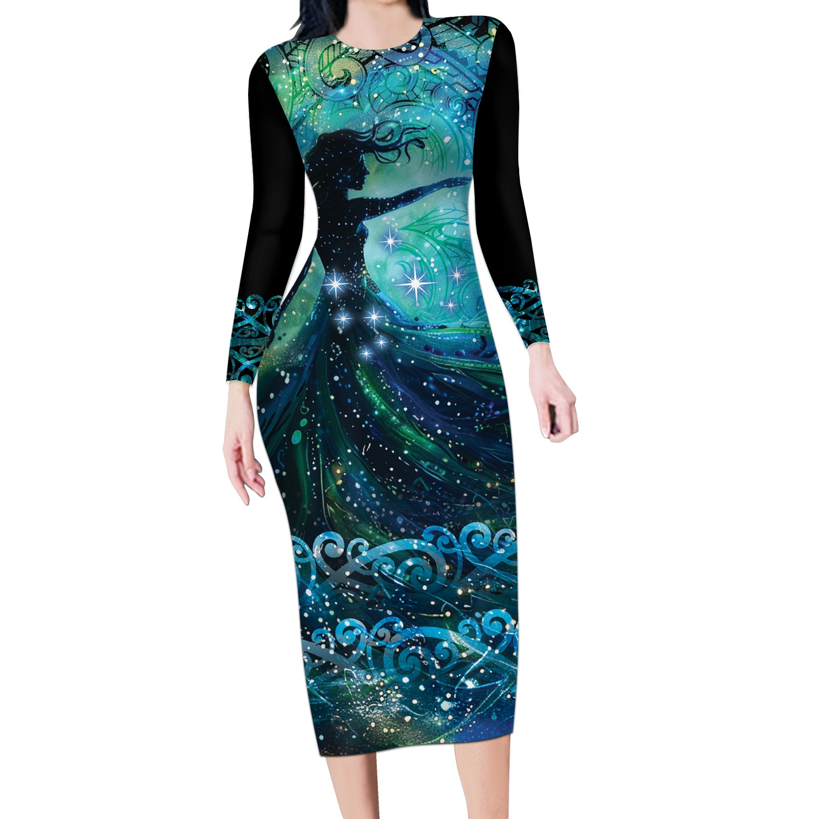 New Zealand Matariki Hiwa-i-te-rangi Long Sleeve Bodycon Dress Titiro ki nga Whetu Wishing Star