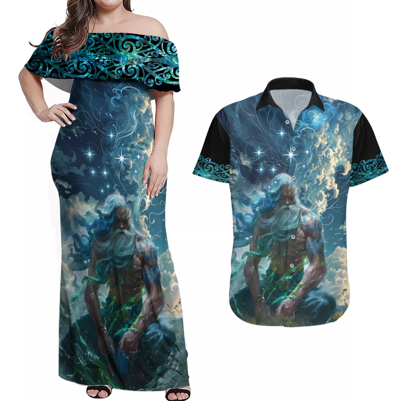 New Zealand Matariki Ururangi Couples Matching Off Shoulder Maxi Dress and Hawaiian Shirt The Murmur Of The Wind