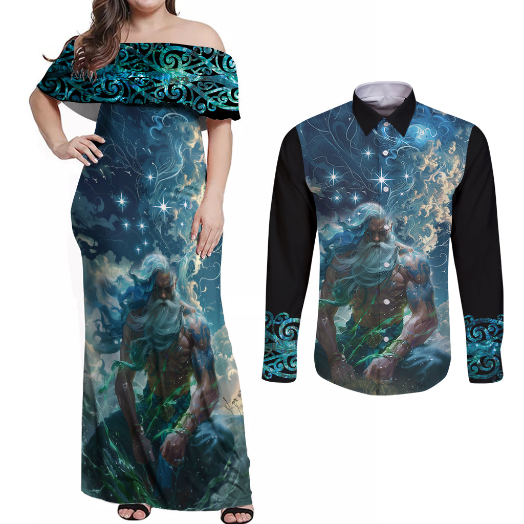 New Zealand Matariki Ururangi Couples Matching Off Shoulder Maxi Dress and Long Sleeve Button Shirt The Murmur Of The Wind