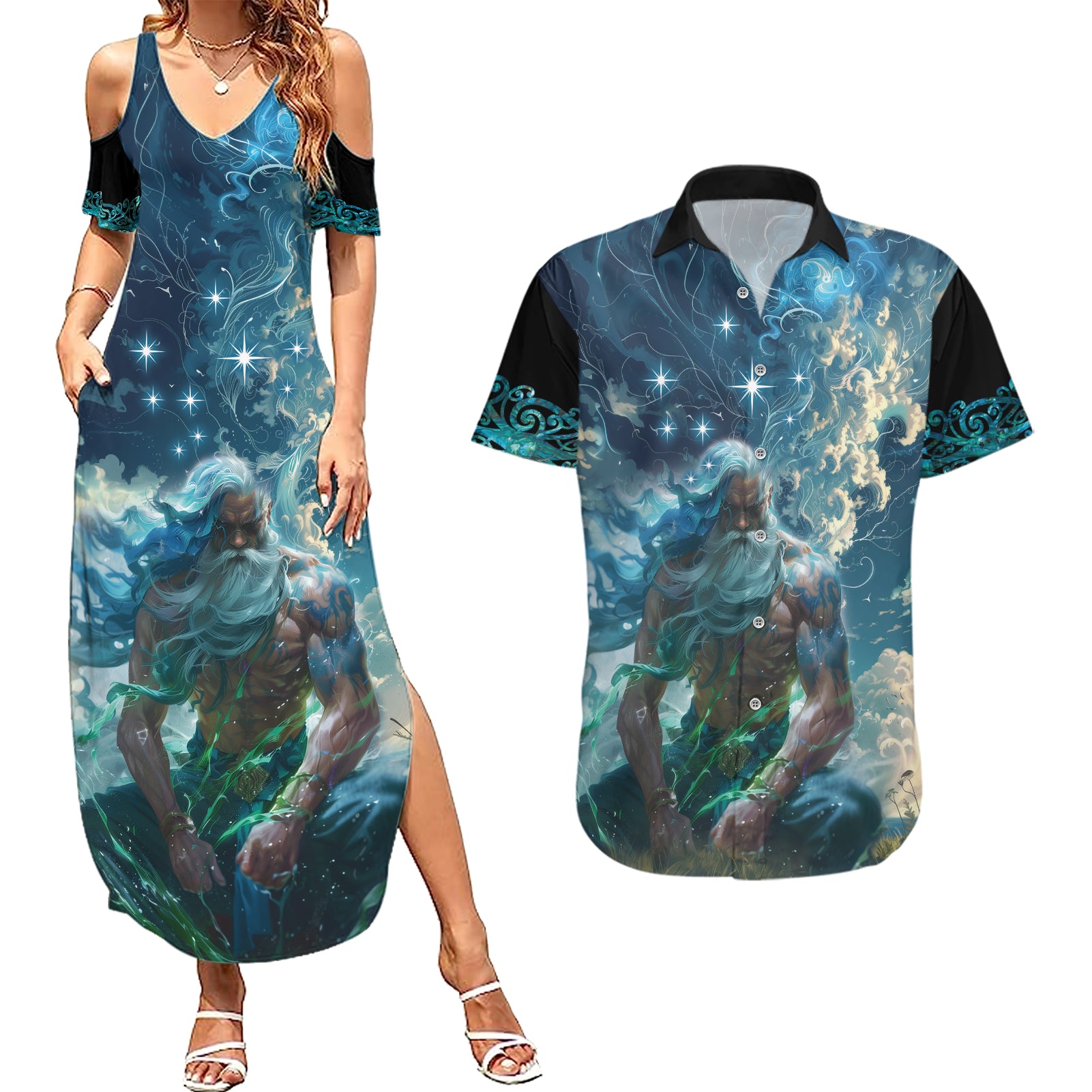 New Zealand Matariki Ururangi Couples Matching Summer Maxi Dress and Hawaiian Shirt The Murmur Of The Wind