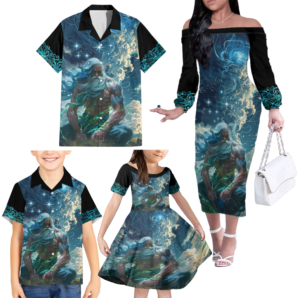 New Zealand Matariki Ururangi Family Matching Off The Shoulder Long Sleeve Dress and Hawaiian Shirt The Murmur Of The Wind