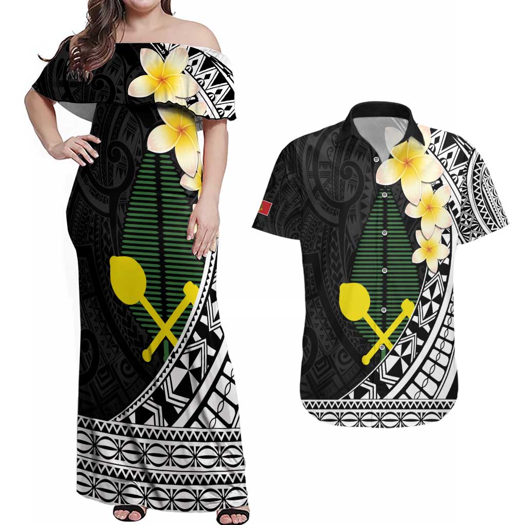 Alo Chiefdom Wallis and Futuna Personalized Couples Matching Off Shoulder Maxi Dress and Hawaiian Shirt Frangipani Flowers Polynesian Pattern