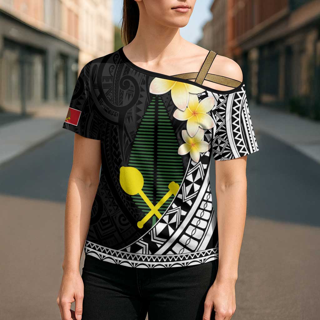 Alo Chiefdom Wallis and Futuna Personalized Cross Shoulder Shirt Frangipani Flowers Polynesian Pattern - Polynesian Pride
