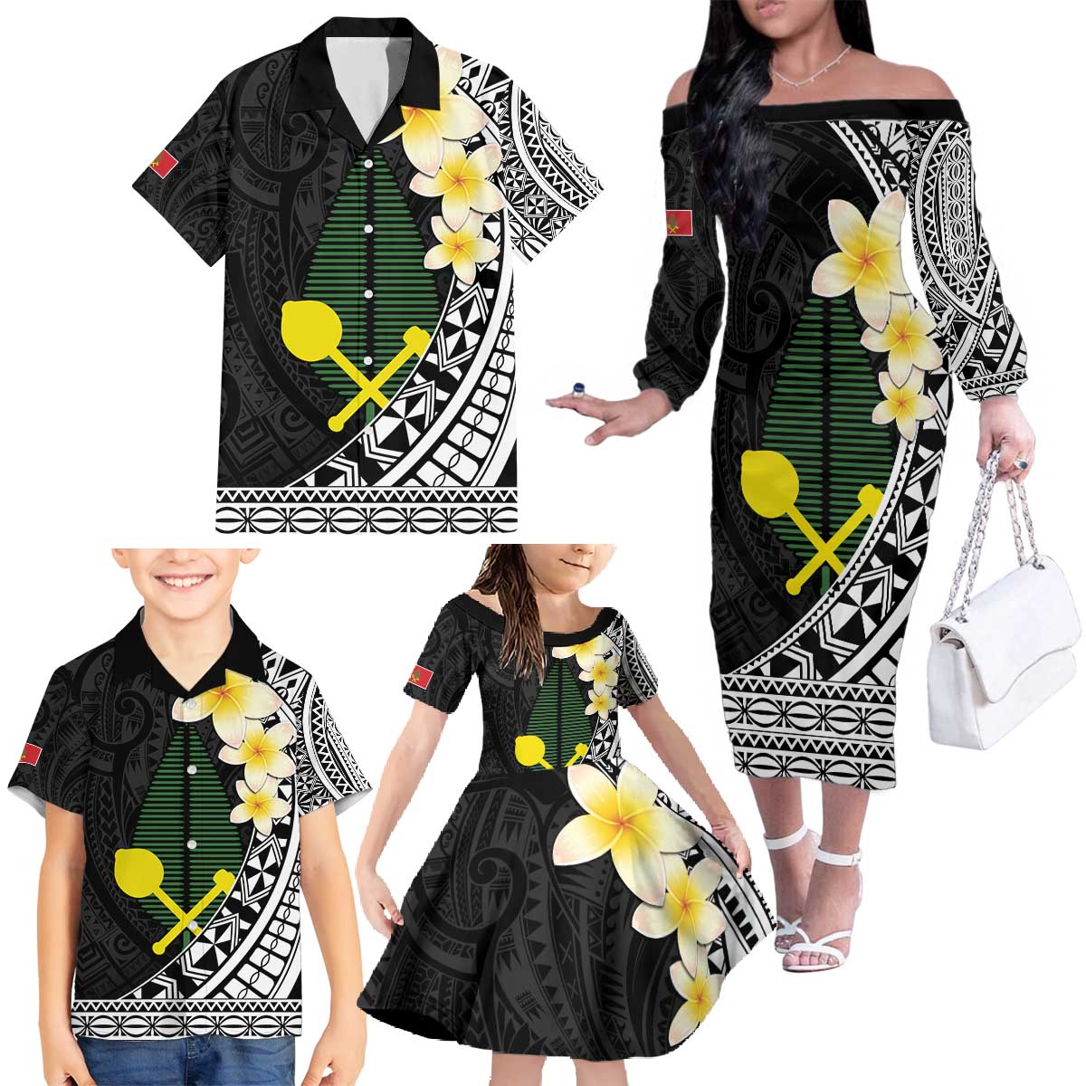 Alo Chiefdom Wallis and Futuna Personalized Family Matching Off The Shoulder Long Sleeve Dress and Hawaiian Shirt Frangipani Flowers Polynesian Pattern