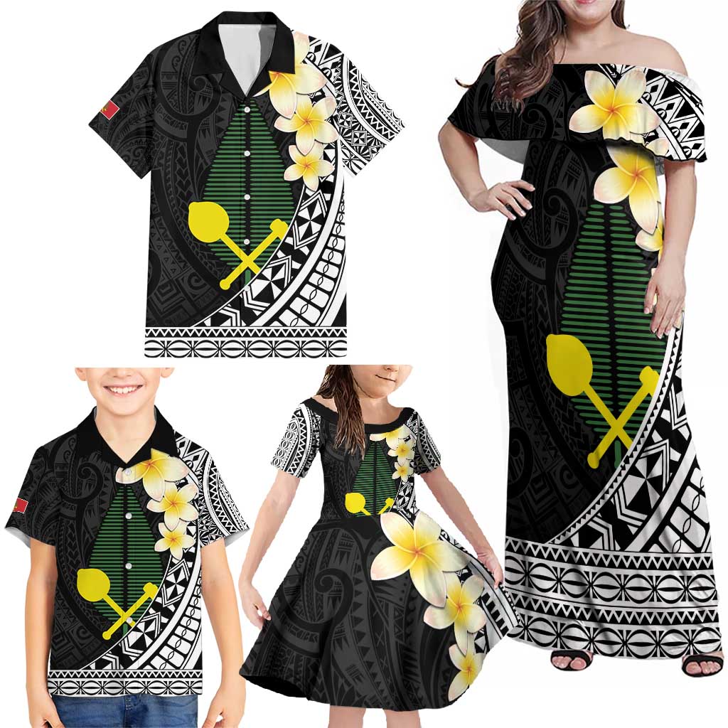 Alo Chiefdom Wallis and Futuna Personalized Family Matching Off Shoulder Maxi Dress and Hawaiian Shirt Frangipani Flowers Polynesian Pattern