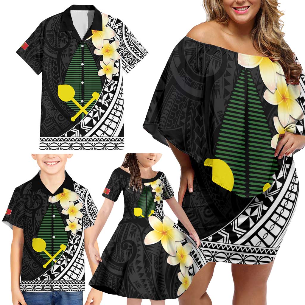 Alo Chiefdom Wallis and Futuna Personalized Family Matching Off Shoulder Short Dress and Hawaiian Shirt Frangipani Flowers Polynesian Pattern