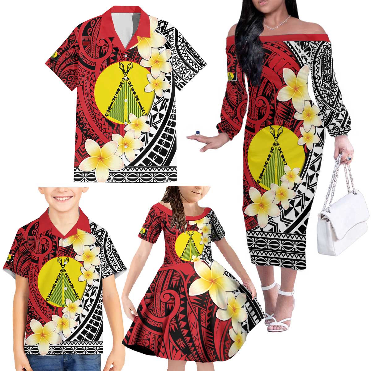 Sigave Chiefdom Wallis and Futuna Personalized Family Matching Off The Shoulder Long Sleeve Dress and Hawaiian Shirt Frangipani Flowers Polynesian Pattern