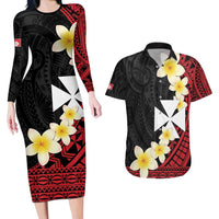 Uvea Chiefdom Wallis and Futuna Personalized Couples Matching Long Sleeve Bodycon Dress and Hawaiian Shirt Frangipani Flowers Polynesian Pattern