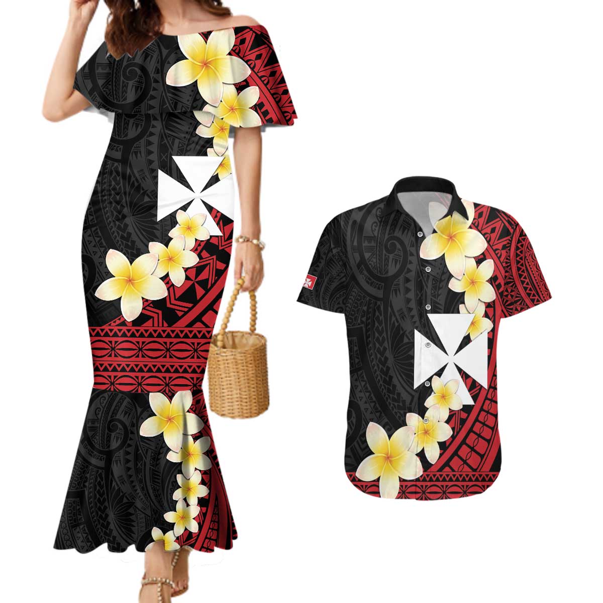 Uvea Chiefdom Wallis and Futuna Personalized Couples Matching Mermaid Dress and Hawaiian Shirt Frangipani Flowers Polynesian Pattern