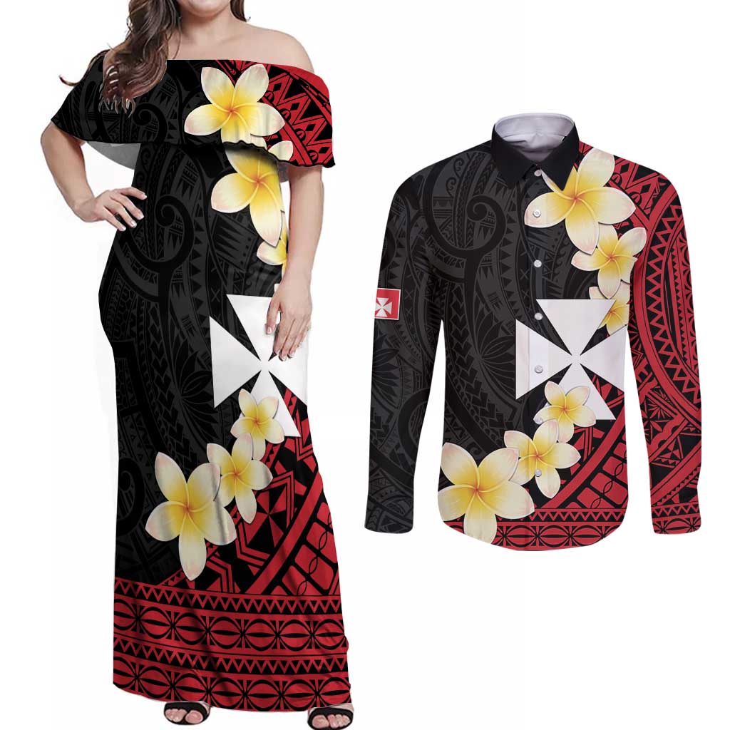 Uvea Chiefdom Wallis and Futuna Personalized Couples Matching Off Shoulder Maxi Dress and Long Sleeve Button Shirt Frangipani Flowers Polynesian Pattern