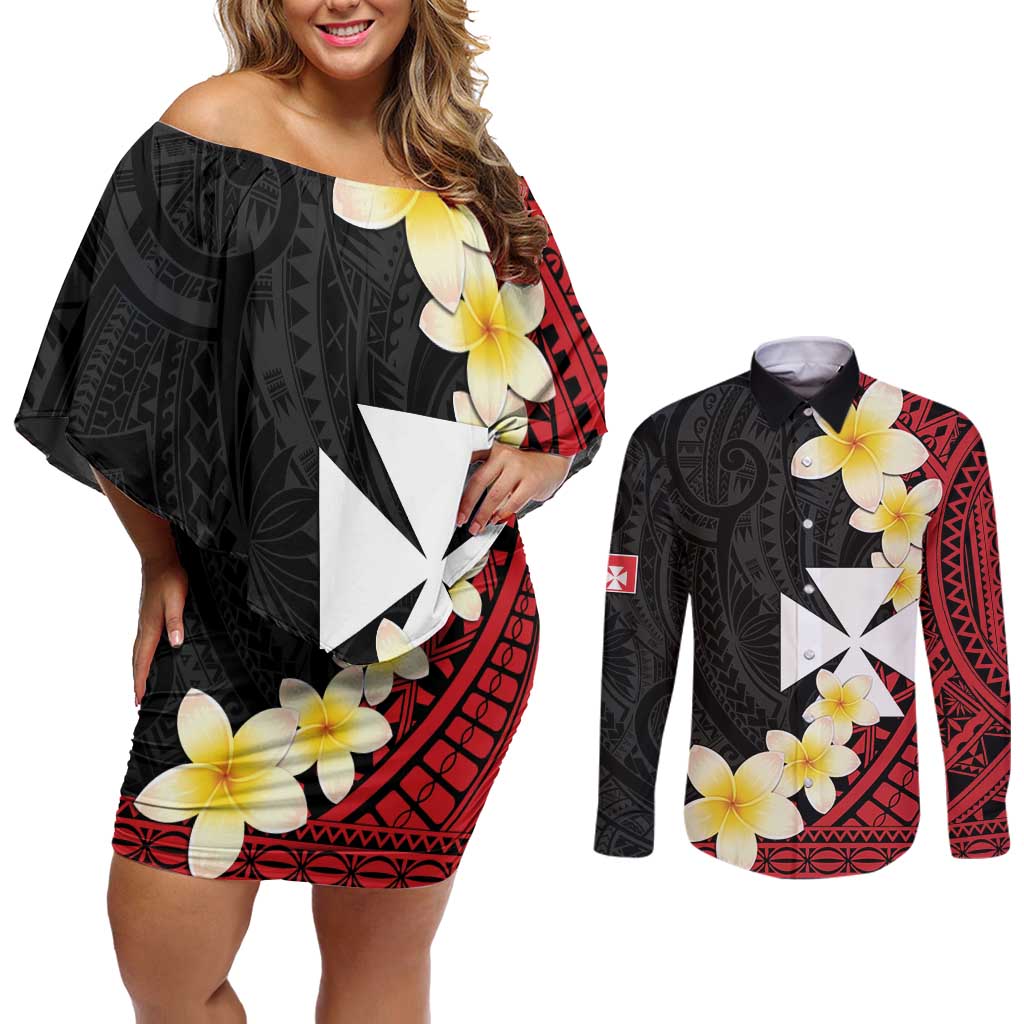 Uvea Chiefdom Wallis and Futuna Personalized Couples Matching Off Shoulder Short Dress and Long Sleeve Button Shirt Frangipani Flowers Polynesian Pattern