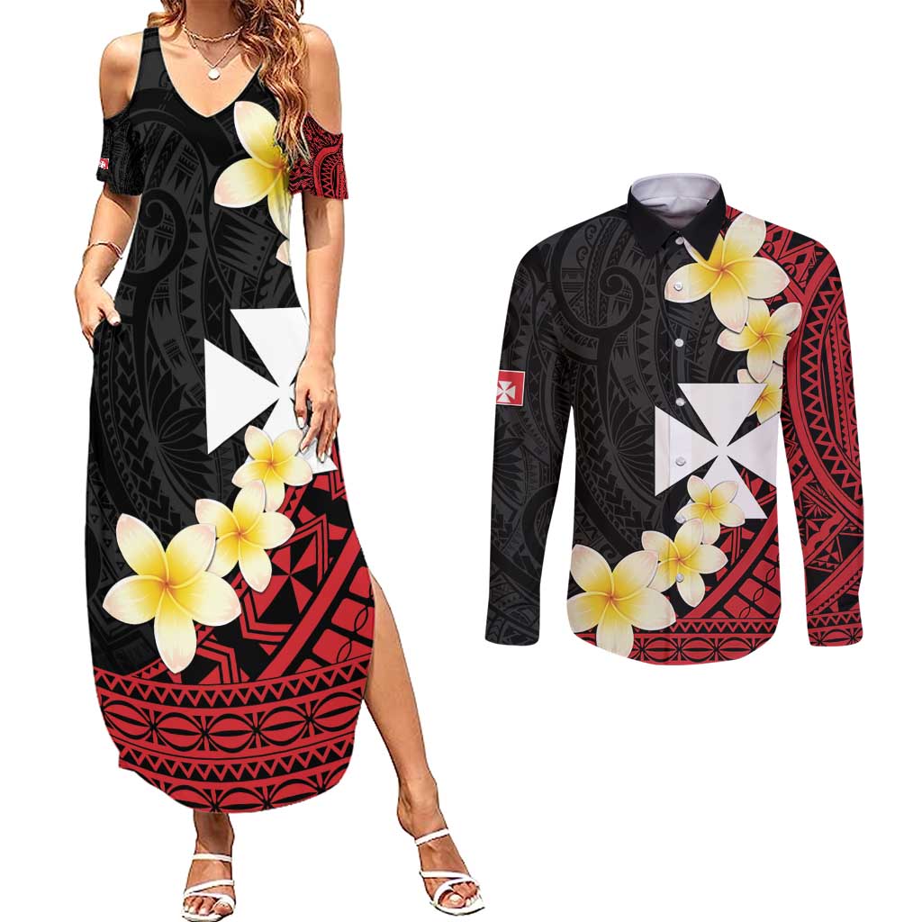 Uvea Chiefdom Wallis and Futuna Personalized Couples Matching Summer Maxi Dress and Long Sleeve Button Shirt Frangipani Flowers Polynesian Pattern