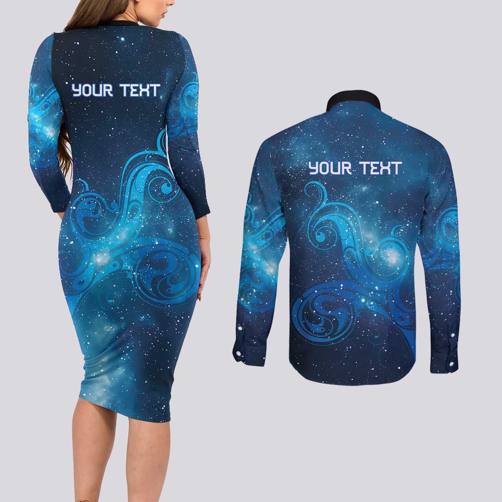 New Zealand Nurses RN Personalised Couples Matching Long Sleeve Bodycon Dress and Long Sleeve Button Shirt Galaxy Stethoscope Maori Motif