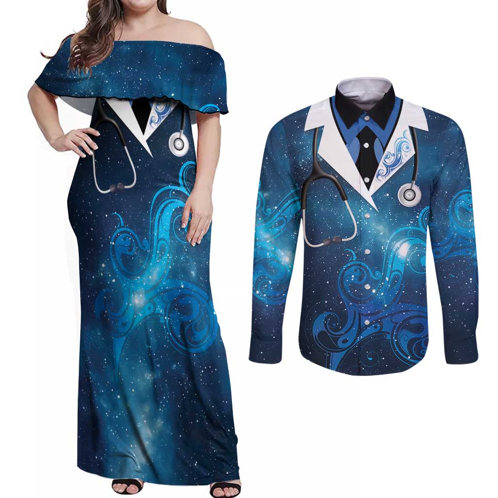 New Zealand Nurses RN Personalised Couples Matching Off Shoulder Maxi Dress and Long Sleeve Button Shirt Galaxy Stethoscope Maori Motif