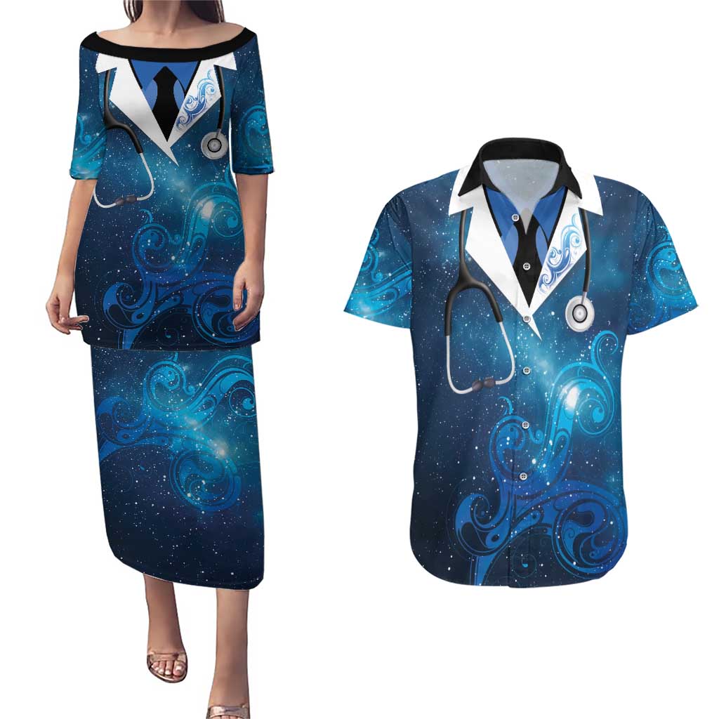 New Zealand Nurses RN Personalised Couples Matching Puletasi and Hawaiian Shirt Galaxy Stethoscope Maori Motif