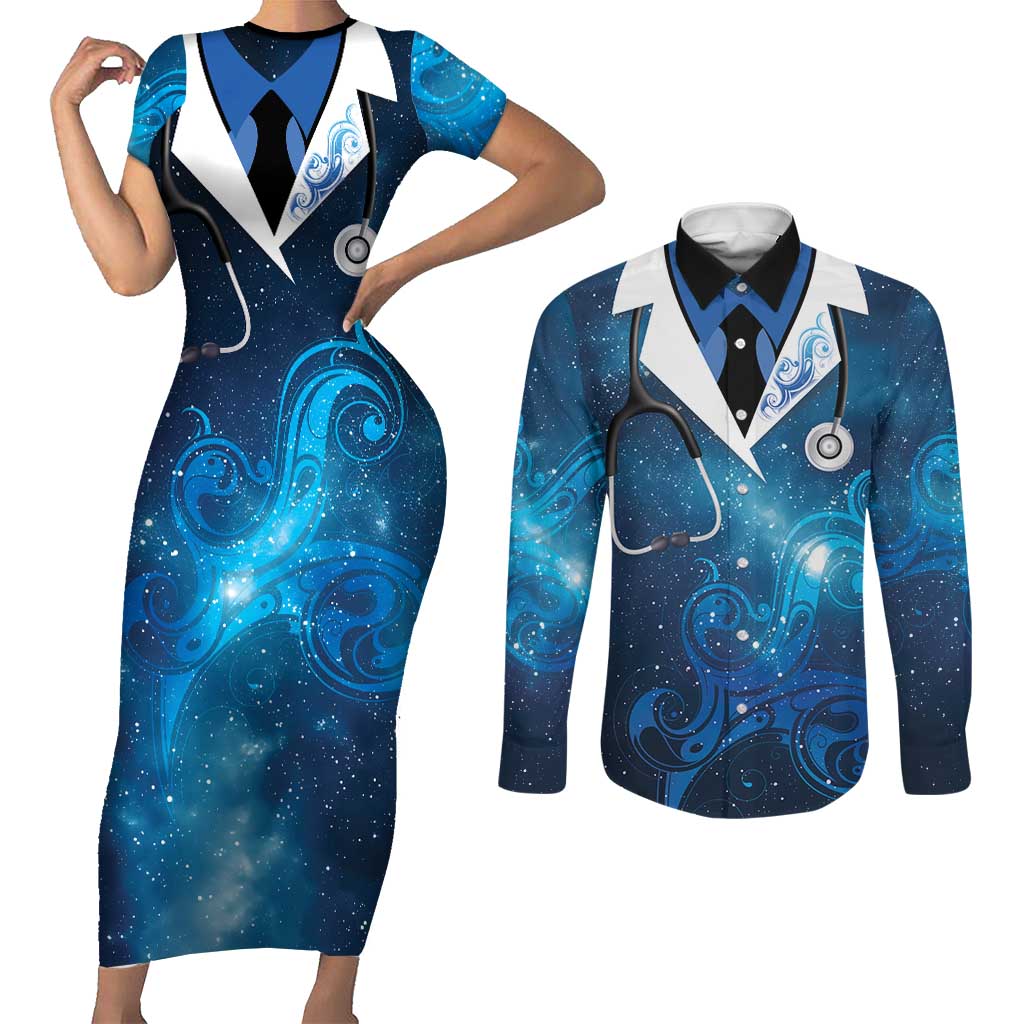 New Zealand Nurses RN Personalised Couples Matching Short Sleeve Bodycon Dress and Long Sleeve Button Shirt Galaxy Stethoscope Maori Motif