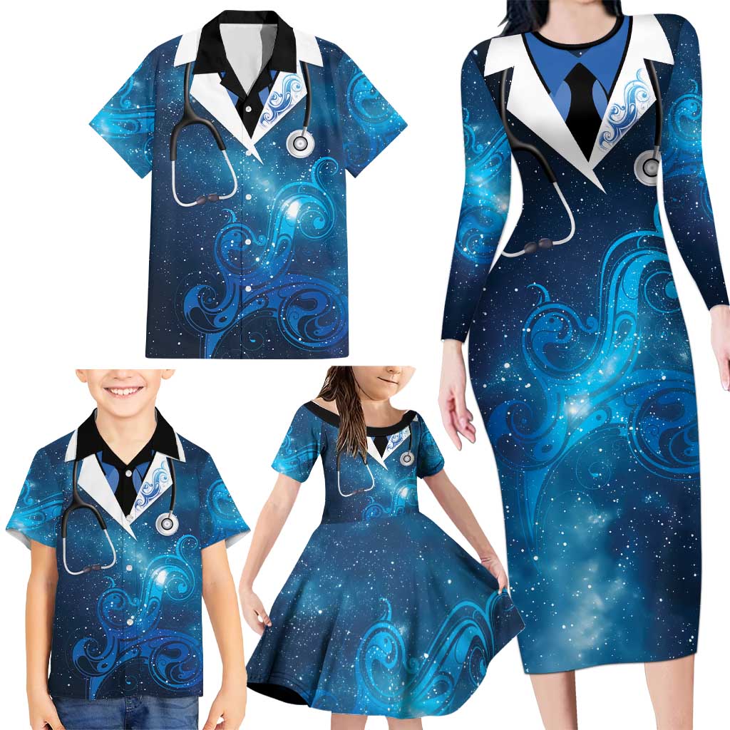 New Zealand Nurses RN Personalised Family Matching Long Sleeve Bodycon Dress and Hawaiian Shirt Galaxy Stethoscope Maori Motif